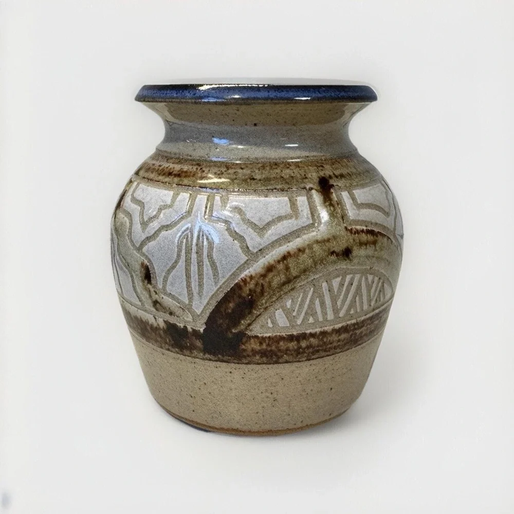Krause 1986 Signed Studio Pottery Vase Salt Glaze Geometric Stoneware‎ 5